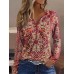 Women's T shirt Tee Henley Shirt Floral Pink Red Blue Print Button Long Sleeve Holiday Weekend Elegant Fashion Daily V Neck Regular Fit Fall & Winter