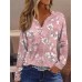 Women's T shirt Tee Henley Shirt Floral Pink Red Blue Print Button Long Sleeve Holiday Weekend Elegant Fashion Daily V Neck Regular Fit Fall & Winter