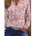 Women's T shirt Tee Henley Shirt Floral Pink Red Blue Print Button Long Sleeve Holiday Weekend Elegant Fashion Daily V Neck Regular Fit Fall & Winter