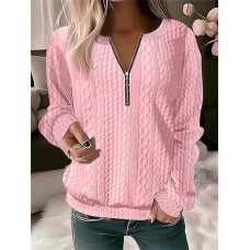 Women's Zip Up Sweatshirt Sweatshirt Pullover Textured Solid Color Basic Quarter Zip White Pink Green Street Casual Round Neck Long Sleeve Top Micro-elastic Fall & Winter