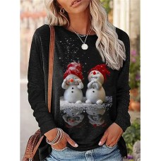 Women's T shirt Tee Christmas Shirt Snowman Black Print Long Sleeve Weekend Festival / Holiday Round Neck Regular Fit Spring &Fall