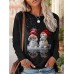 Women's T shirt Tee Christmas Shirt Snowman Black Print Long Sleeve Weekend Festival / Holiday Round Neck Regular Fit Spring &Fall