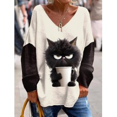 Women's Oversized Sweatshirt Pullover Cat Active Sportswear Funny Print Black Red Navy Blue Loose Fit Casual Sports V Neck Long Sleeve Top Micro-elastic Fall & Winter