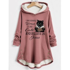 Women's Hoodie Sweatshirt Pullover Sherpa Fleece Lined Cat Letter Warm Fuzzy Button Front Pocket Print Dark Pink Blue Gray Casual Sports Hoodie Long Sleeve Top Micro-elastic Fall & Winter