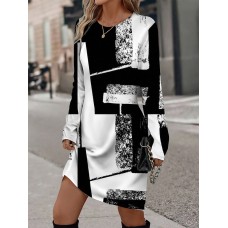 Women's Sweatshirt Dress Casual Dress Mini Dress Warm Active Outdoor Going out Weekend Crew Neck Print Geometric Color Block Loose Fit Black White Gray S M L XL XXL