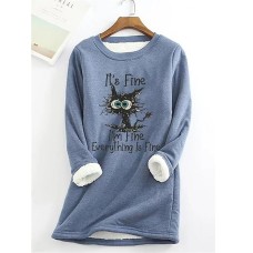 Women's Sweatshirt Pullover Sherpa Fleece Lined Cat Letter Warm Fuzzy Black Pink Blue Casual Sports Round Neck Long Sleeve Top Micro-elastic Fall & Winter