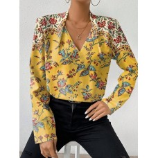 Women's Shirt Blouse Floral Yellow Pink Orange Print Button Long Sleeve Casual Holiday Fashion V Neck Regular Fit Spring &Fall