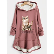 Women's Hoodie Sweatshirt Pullover Sherpa Fleece Lined Cat Warm Funny Fuzzy Print Button Front Pocket Dark Pink Blue Casual Sports Hoodie Long Sleeve Top Micro-elastic Fall & Winter