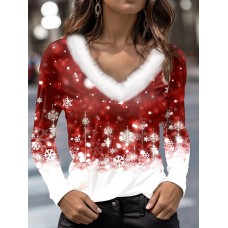 Women's T shirt Tee Christmas Shirt Snowflake Red Blue Purple Print Long Sleeve Party Weekend Festival / Holiday Fur Collar Regular Fit Fall & Winter