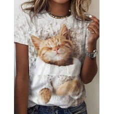 Women's T shirt Tee Cat 3D Custom Print White Print Short Sleeve Daily Weekend Basic Round Neck Regular Fit