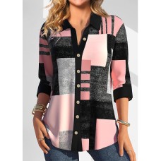 Women's Shirt Blouse Color Block Yellow Pink Blue Print Button Long Sleeve Casual Fashion Shirt Collar Regular Fit Spring &Fall