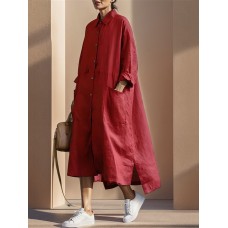 Women's Shirt Dress Plain Casual Cotton Linen Dress Midi Dress Basic Vacation Beach Dress Shirt Collar Button Long Sleeve Summer Spring Loose Fit Dress