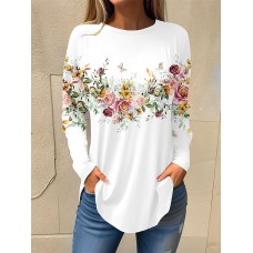 Women's T shirt Tee Floral White Pink Red Print Long Sleeve Holiday Weekend Basic Round Neck Regular Fit Fall & Winter