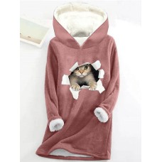 Women's Hoodie Sweatshirt Pullover Sherpa Fleece Lined Cat Letter Warm Fuzzy Print Black Yellow Pink Casual Sports Hoodie Long Sleeve Top Micro-elastic Fall & Winter