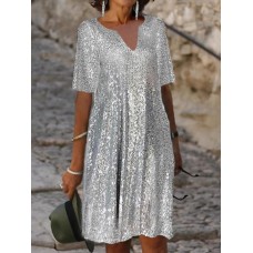 Women's Party Dress Sequin Dress Wedding Guest Dress Midi Dress Silver Short Sleeve Plain Sequins Summer Spring Split Neck Summer Dress S M L XL 2XL 3XL