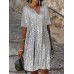 Women's Party Dress Sequin Dress Wedding Guest Dress Midi Dress Silver Short Sleeve Plain Sequins Summer Spring Split Neck Summer Dress S M L XL 2XL 3XL