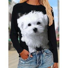 Women's T shirt Tee Dog 3D Black Pink Navy Blue Print Long Sleeve Daily Weekend Fashion Round Neck Regular Fit Spring &Fall