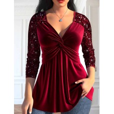 Women's Shirt Blouse Velvet Plain Sparkly Wine Purple Flowing tunic Long Sleeve Casual Elegant Fashion Basic V Neck Regular Fit