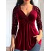 Women's Shirt Blouse Velvet Plain Sparkly Wine Purple Flowing tunic Long Sleeve Casual Elegant Fashion Basic V Neck Regular Fit