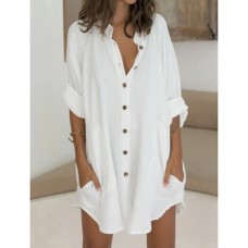 Women's Shirt Dress Casual Dress Shift Dress Mini Dress Cotton Basic Casual Outdoor Daily Holiday Shirt Collar Button Up Button Half Sleeve Summer Spring Fall 2023 Loose Fit ArmyGreen Black White