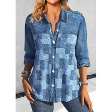 Women's Shirt Blouse Plaid Yellow Blue Purple Print Button Long Sleeve Casual Fashion Shirt Collar Regular Fit Spring &Fall