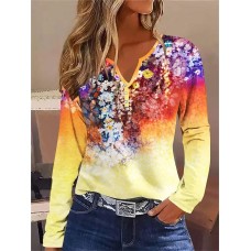 Women's T shirt Tee Henley Shirt Floral White Yellow Red Print Button Long Sleeve Holiday Weekend Basic Neon & Bright V Neck Regular Fit Fall & Winter