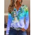 Women's T shirt Tee Henley Shirt Floral White Yellow Red Print Button Long Sleeve Holiday Weekend Basic Neon & Bright V Neck Regular Fit Fall & Winter