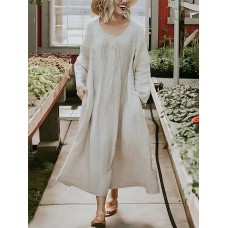 Women's Casual Dress Cotton Linen Dress Swing Dress Maxi long Dress Linen Cotton Blend Basic Casual Daily Date Weekend Crew Neck Pocket Long Sleeve Summer Spring 2023 Loose Fit Gray Plain S M L XL 2XL