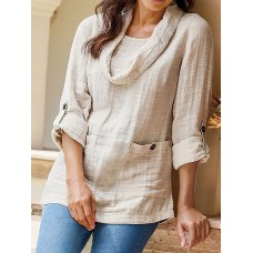 Women‘s Beige Linen Blouse Button Pocket Long Sleeve Casual Breathable Natural Light and Comfortable Going out Basic Modern Cowl Neck Regular Fit Spring &Fall