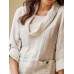 Women‘s Beige Linen Blouse Button Pocket Long Sleeve Casual Breathable Natural Light and Comfortable Going out Basic Modern Cowl Neck Regular Fit Spring &Fall