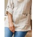 Women‘s Beige Linen Blouse Button Pocket Long Sleeve Casual Breathable Natural Light and Comfortable Going out Basic Modern Cowl Neck Regular Fit Spring &Fall