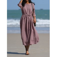 Women's Casual Dress Cotton Linen Dress Midi Dress Linen Cotton Blend Basic Classic Outdoor Daily Vacation Crew Neck Button 3/4 Length Sleeve Summer Spring 2023 Loose Fit Purple Plain S M L XL 2XL