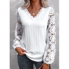 Women's Lace Shirt Shirt Lantern Sleeve Blouse Plain Black White Pink Lace Long Sleeve Casual Elegant Fashion Basic V Neck Regular Fit Spring Fall