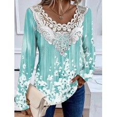 Women's Shirt Blouse Floral Purple Green Khaki Print Lace Patchwork Long Sleeve Casual Fashion Round Neck Regular Fit Spring &Fall