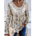 Women's Shirt Blouse Floral Purple Green Khaki Print Lace Patchwork Long Sleeve Casual Fashion Round Neck Regular Fit Spring &Fall