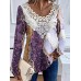 Women's Shirt Blouse Floral Purple Green Khaki Print Lace Patchwork Long Sleeve Casual Fashion Round Neck Regular Fit Spring &Fall