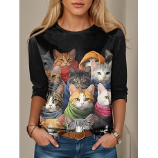 Women's T shirt Tee Cat 3D Black Gray Print Long Sleeve Daily Weekend Fashion Funny Round Neck Regular Fit Spring &Fall