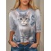 Women's T shirt Tee Cat 3D Black Gray Print Long Sleeve Daily Weekend Fashion Funny Round Neck Regular Fit Spring &Fall