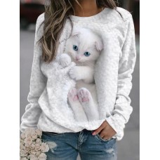 Women's Sweatshirt Pullover Cat Sports Basic White Street Casual Round Neck Long Sleeve Top Micro-elastic Fall & Winter