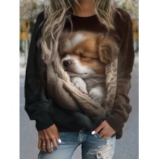 Women's Sweatshirt Pullover Dog Basic Brown Street Casual Round Neck Long Sleeve Top Micro-elastic Fall & Winter