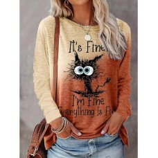 Women's T shirt Tee Pink Purple Orange Graphic Color Gradient Print Long Sleeve Casual Weekend Cartoon Round Neck Regular I'm Fine Painting Plus Size S