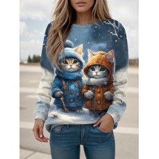 Women's Sweatshirt Pullover Cat Sportswear Festival Print White Navy Blue Blue Casual Sports Round Neck Long Sleeve Top Micro-elastic Fall & Winter