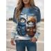 Women's Sweatshirt Pullover Cat Sportswear Festival Print White Navy Blue Blue Casual Sports Round Neck Long Sleeve Top Micro-elastic Fall & Winter