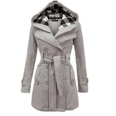 Women's Winter Coat Long Overcoat with Belt Elegant Pea Coat with Plaid Hood Double Breasted Warm Windproof Trench Coat Stylish Contemporary Casual Jacket Long Sleeve Black