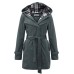 Women's Winter Coat Long Overcoat with Belt Elegant Pea Coat with Plaid Hood Double Breasted Warm Windproof Trench Coat Stylish Contemporary Casual Jacket Long Sleeve Black