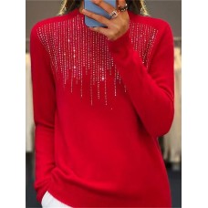 Women‘s Christmas Pullover Sweater Jumper Crew Neck Ribbed Knit Acrylic Sequins Fall Winter Regular Outdoor Daily Going out Xmas Stylish Casual Long Sleeve Solid Color Black White Light Green S M L