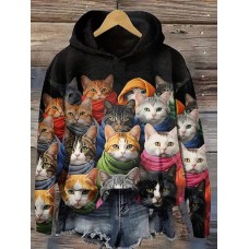 Women's Hoodie Sweatshirt Pullover Cat Active Sportswear Funny Print Black White Yellow Casual Sports Hooded Long Sleeve Micro-elastic Fall & Winter