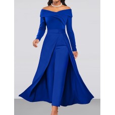 Women's Jumpsuit Solid Color Off Shoulder Elegant Wedding Party Wide Leg Regular Fit Long Sleeve Red Royal Blue S M L All Seasons