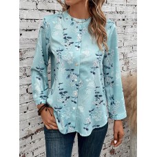 Women's Shirt Blouse Floral Blue Print Button Long Sleeve Casual Holiday Fashion Round Neck Regular Fit Spring &Fall