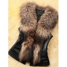 Women's Faux Leather Jacket Vest Faux Fur Coat Windproof Warm Street Daily Wear Vacation Going out Fur Collar Open Front V Neck Street Style Color Block Regular Fit Outerwear Long Sleeve Fall Winter